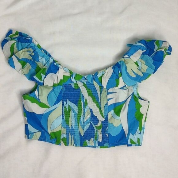 Anthropologie Maeve Top M Blue Puff Sleeve Ruffle Crop Top  V-Neck  Smocked - Picture 6 of 9